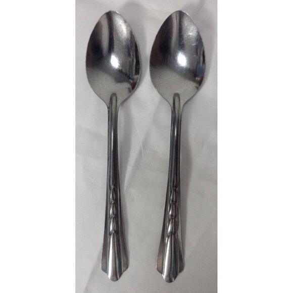 2 Vintage Gemco Stainless Flatware Spoons Chevron Pattern 7" Dinner MCM - Picture 1 of 4